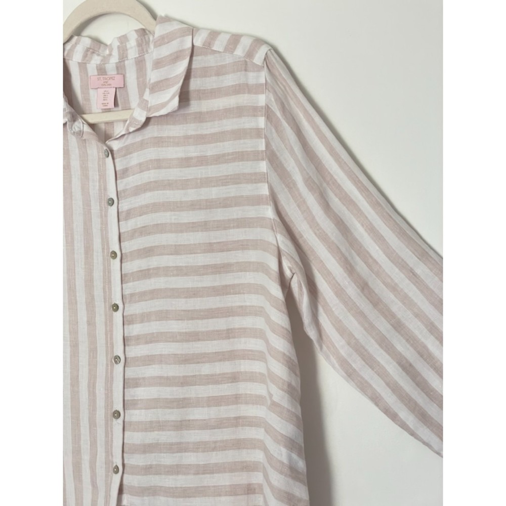 St. Tropez 100% Linen Neutral Beach Minimalist Button Shirt Women’s Large d128 - Picture 9 of 12